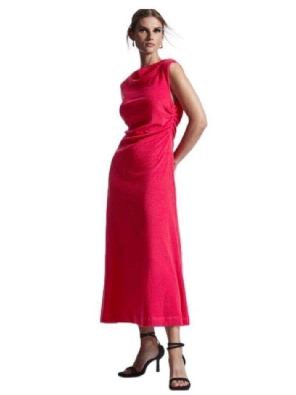 COS cerise bright pink cowel neck toweling midi dress XS Beachy Summer Resort